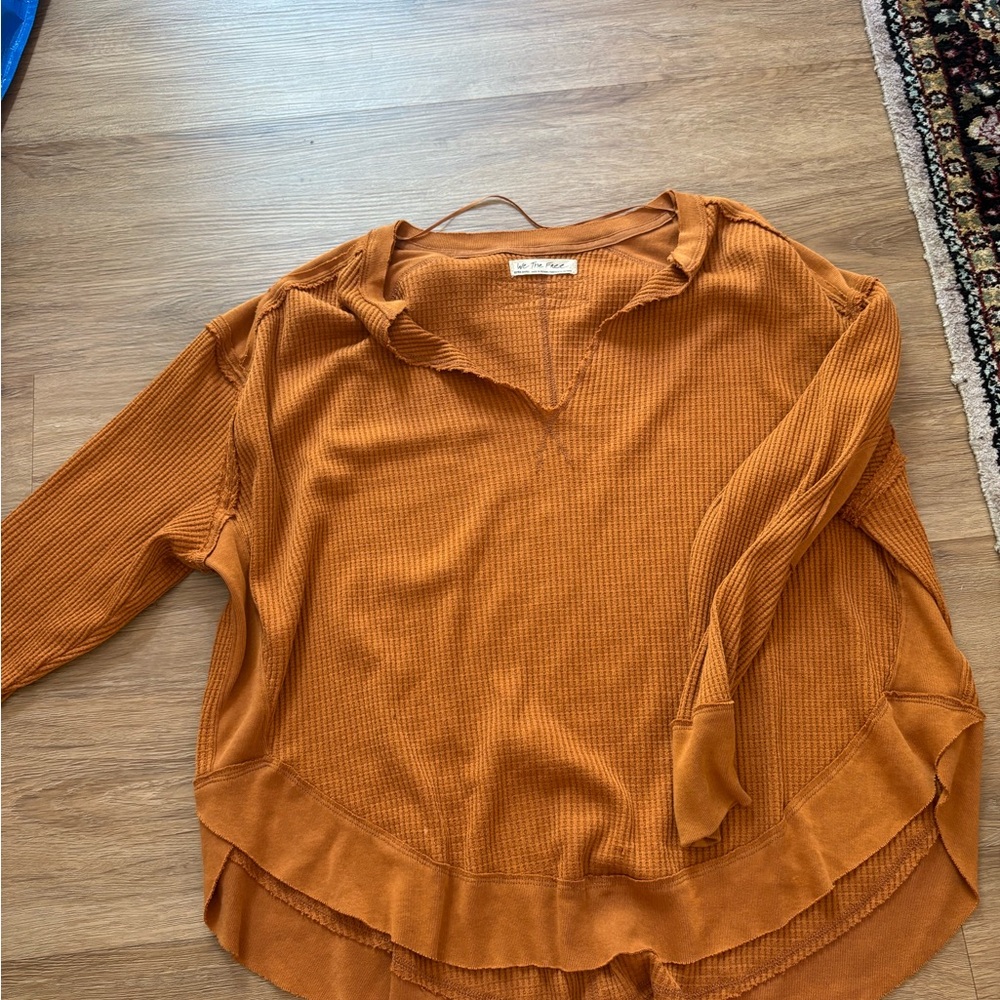 Free People Brown and Orange Asymmetrical Polo Blouse